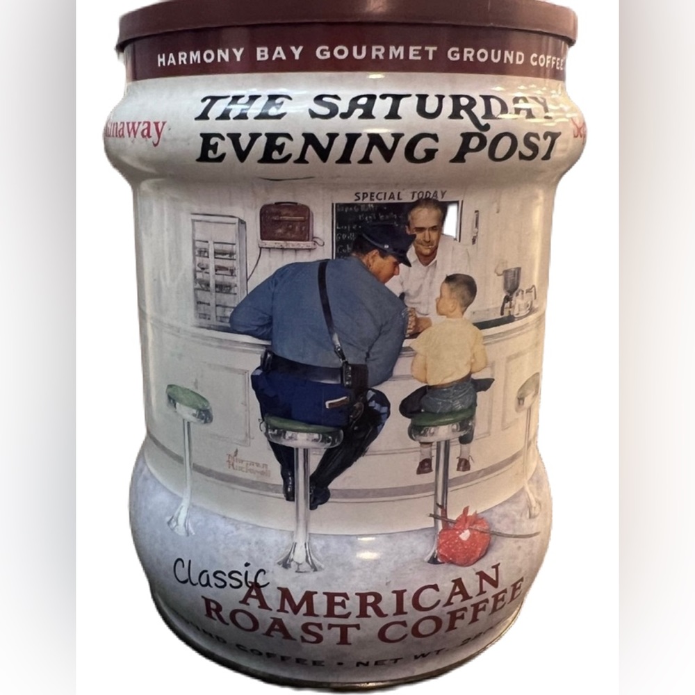 Vintage Coffee Tin Container Normal Rockwell picture of Officer and runaway boy